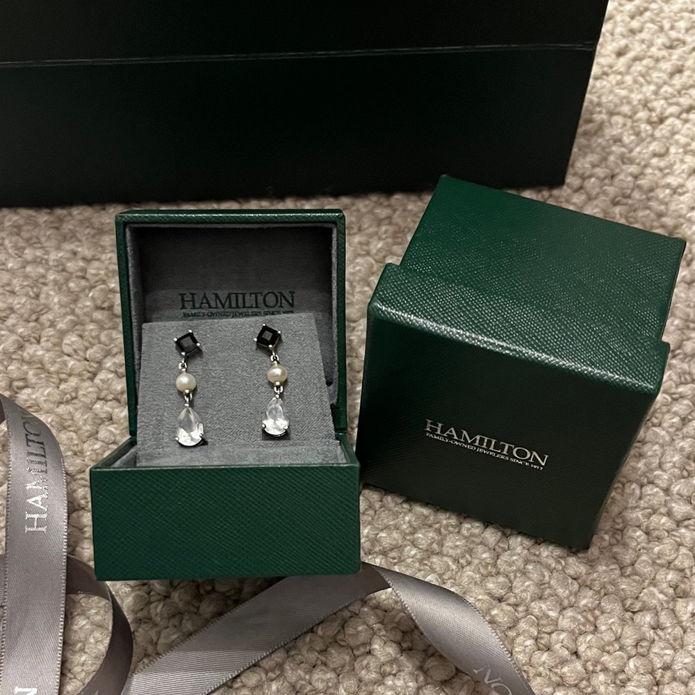 Black Onyx, Pearl and White Quartz Drop Earrings in Hamilton Gift Box